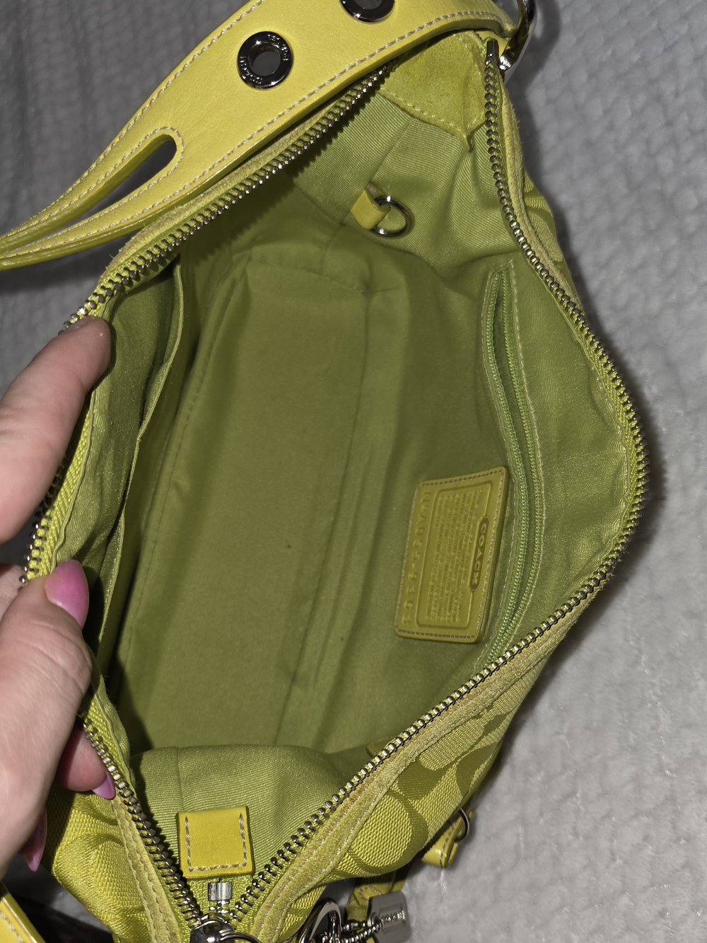 Coach Signature Jacquard Shoulder Bag in Chartreuse with Tassel - Picture 11 of 13